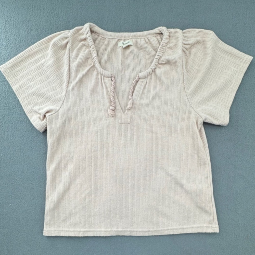Madewell Waffle Knit Top S Tassel Split Neck Puff Cottagecore Boho Romantic Soft